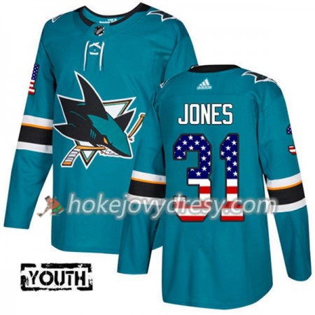 Dětské Hokejový Dres San Jose Sharks Martin Jones 31 2017-2018 USA Flag Fashion Teal Adidas Authentic